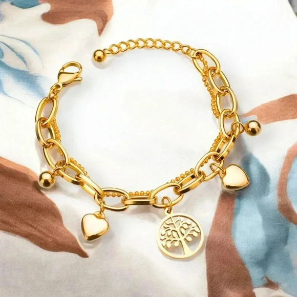 🆕️18K Gold Plated Stainless Steel Tree of Life Charm Bracelet w Hearts & Beads - Picture 7 of 10